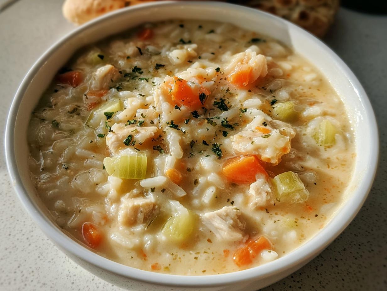 Close-up of a creamy Chicken and Rice Soup Style Bowl with visible chunks of chicken, carrots, and celery.