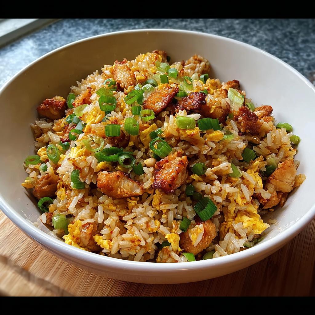 A white bowl filled with Chicken Fried Rice with Extra Crispy Bits, scrambled egg, and green onions.