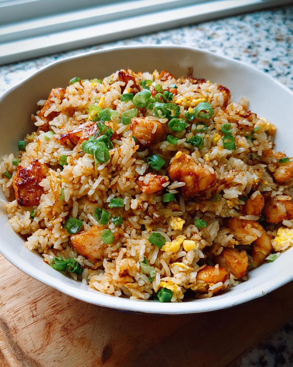 A close-up of Chicken Fried Rice with Extra Crispy Bits, topped with green onions, served in a white bowl.