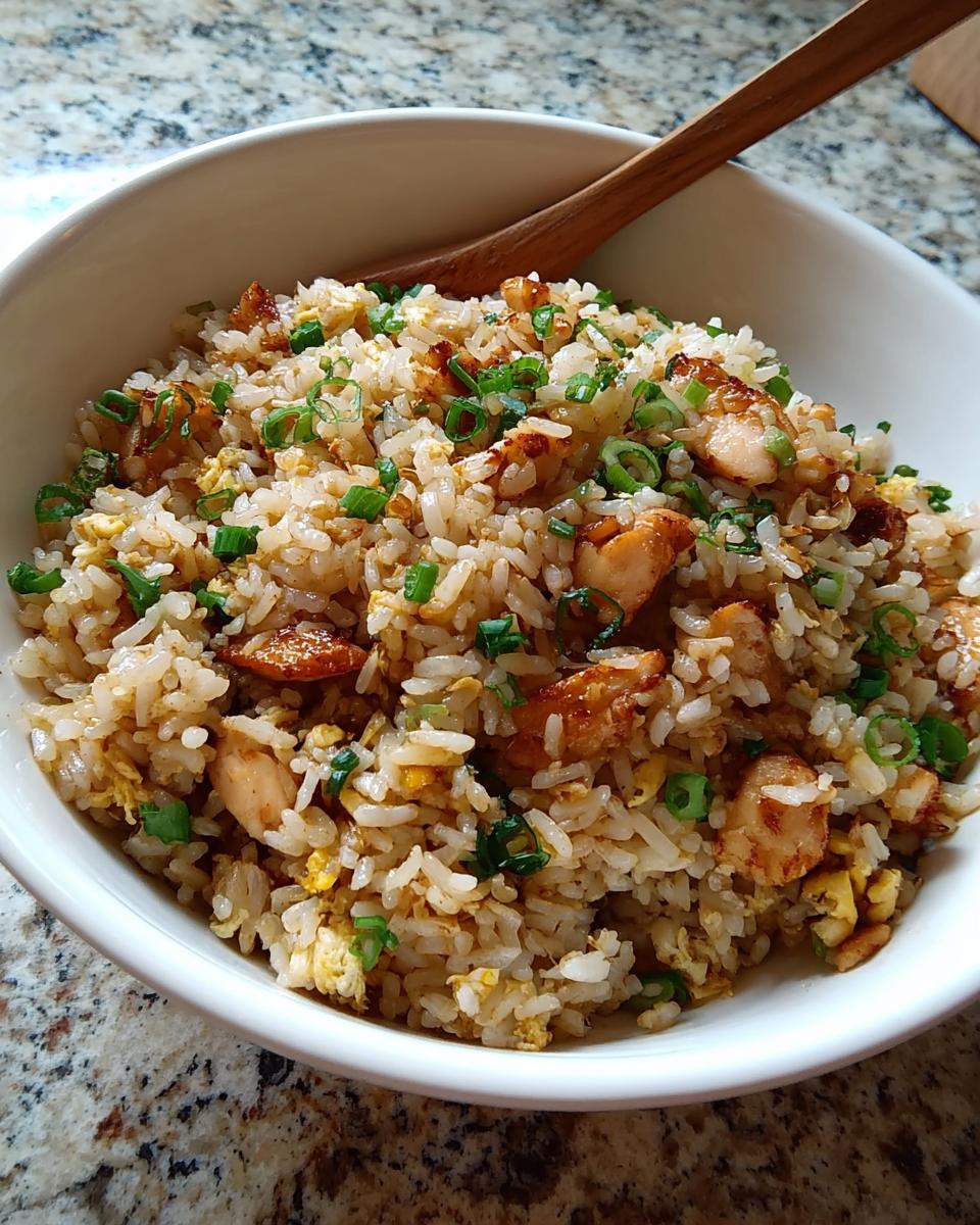 A white bowl filled with Chicken Fried Rice with Extra Crispy Bits, garnished with green onions.