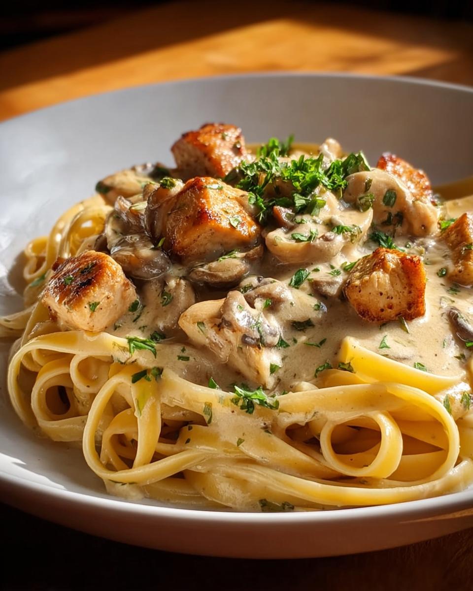Close-up of Chicken Mushroom Pasta with Creamy Herbs, featuring fettuccine, seared chicken pieces, and mushrooms in a rich sauce.