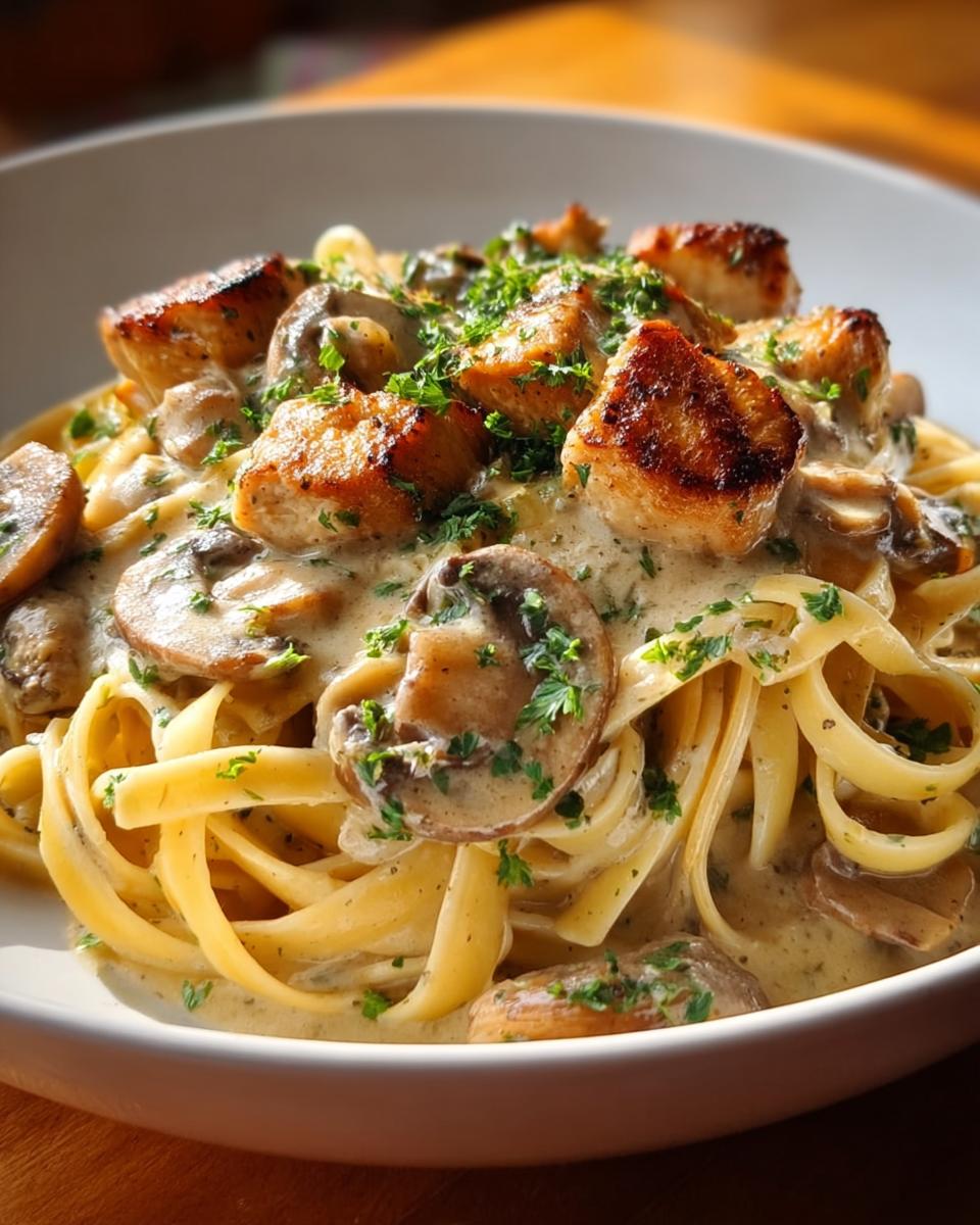 Close-up of Chicken Mushroom Pasta with Creamy Herbs, featuring seared chicken pieces and sliced mushrooms in a rich sauce.
