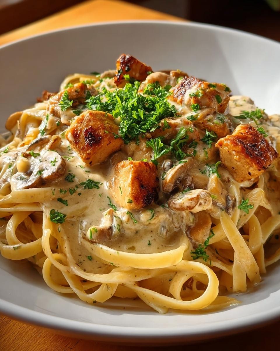 Close-up of Chicken Mushroom Pasta with Creamy Herbs, featuring fettuccine, seared chicken, and fresh parsley.