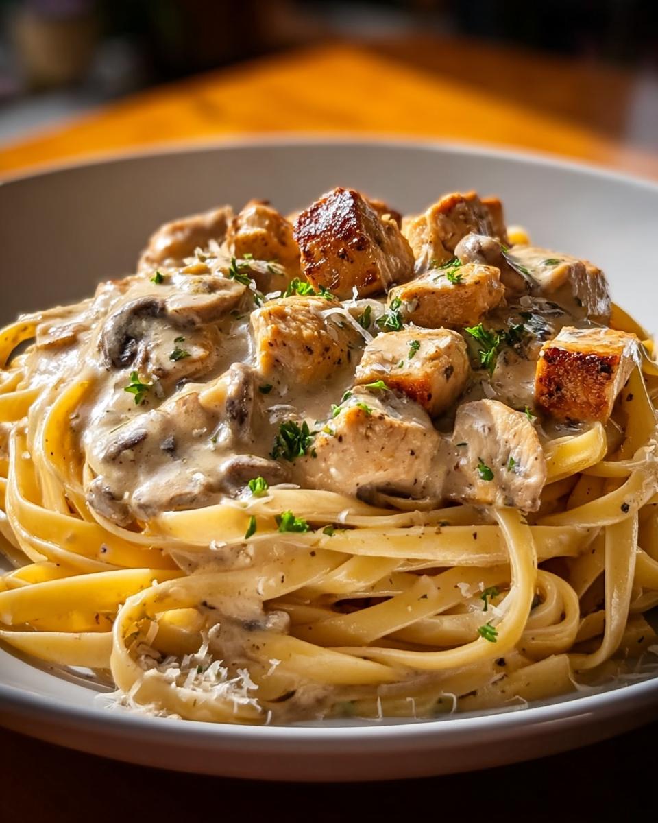 A close-up of creamy Chicken Mushroom Pasta with herbs, featuring fettuccine noodles and seared chicken pieces.