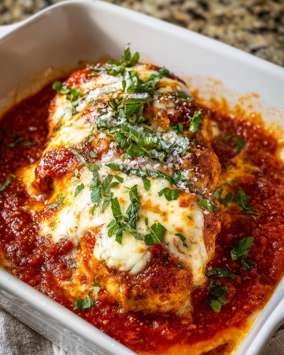 Close-up of a baked chicken breast smothered in marinara sauce, melted mozzarella, and fresh parsley.