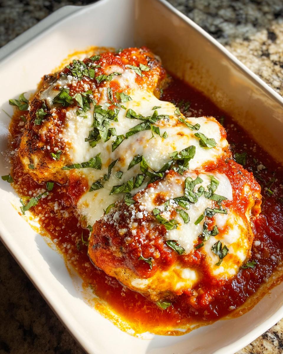 Close-up of baked chicken topped with melted mozzarella, marinara sauce, and fresh basil for the Chicken Parmesan Inspired Bake.
