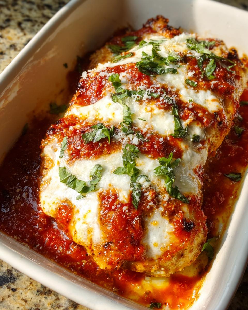 A close-up of a baked chicken breast topped with melted mozzarella, rich tomato sauce, and fresh basil.