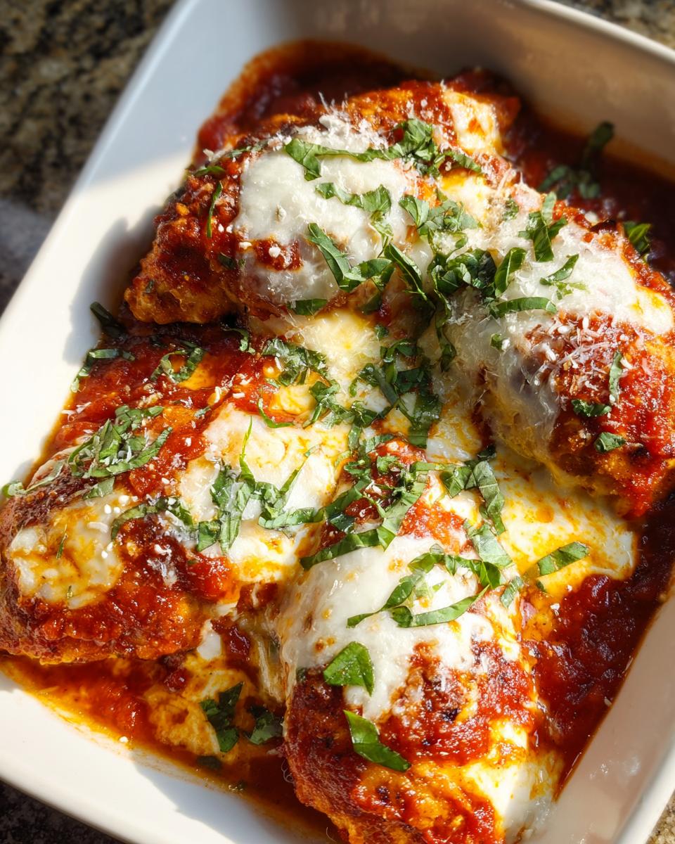 Close-up of a Chicken Parmesan Inspired Bake with Mozzarella, covered in red sauce and fresh basil.