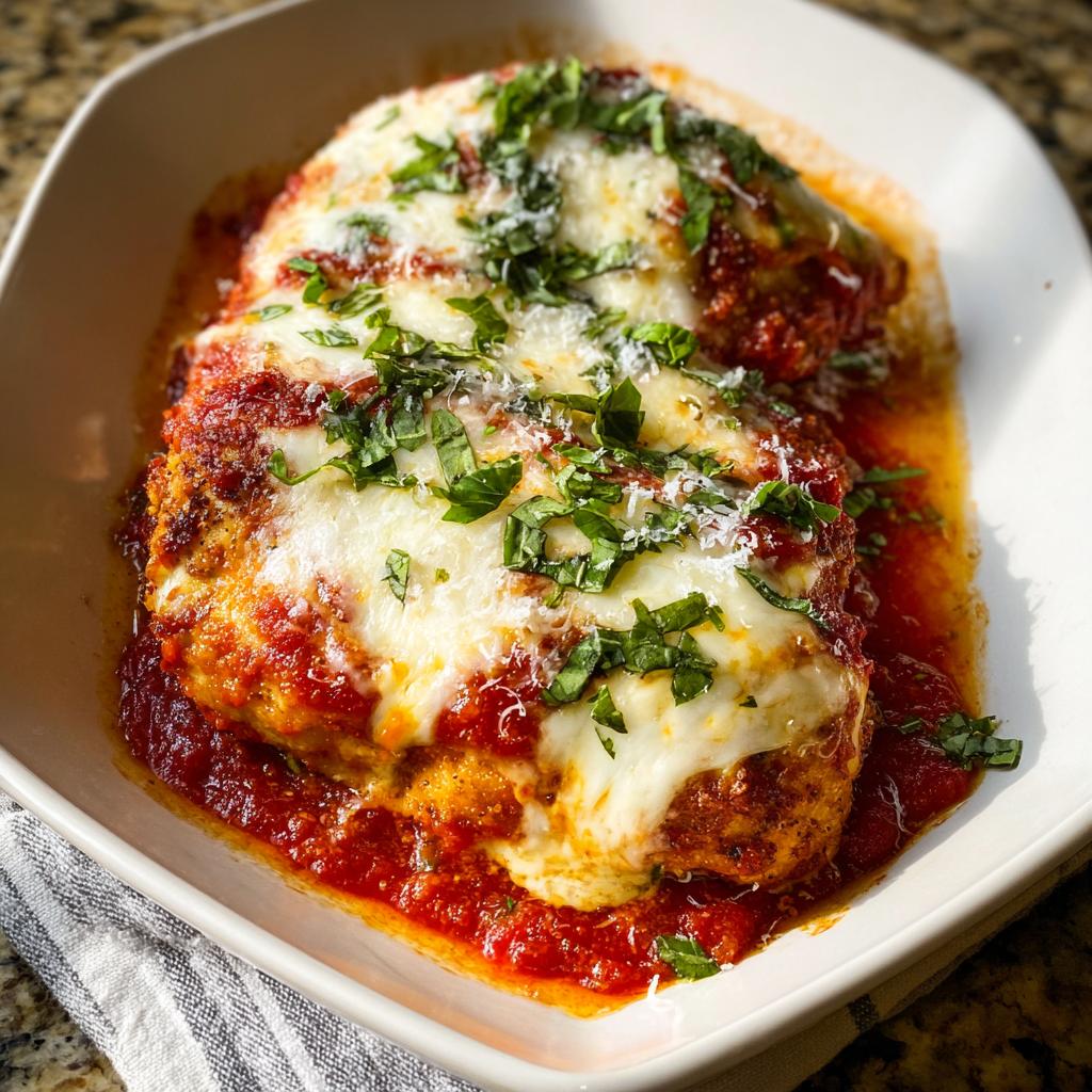 Two servings of Chicken Parmesan Inspired Bake with Mozzarella covered in melted cheese and fresh basil.