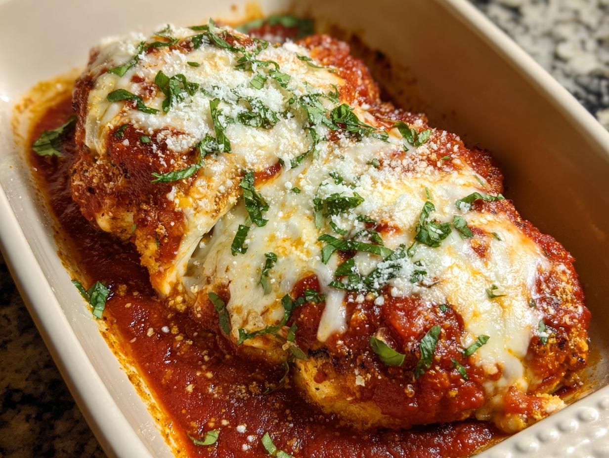 A baked chicken breast smothered in marinara sauce, melted mozzarella, and fresh basil, ready for serving in a baking dish.