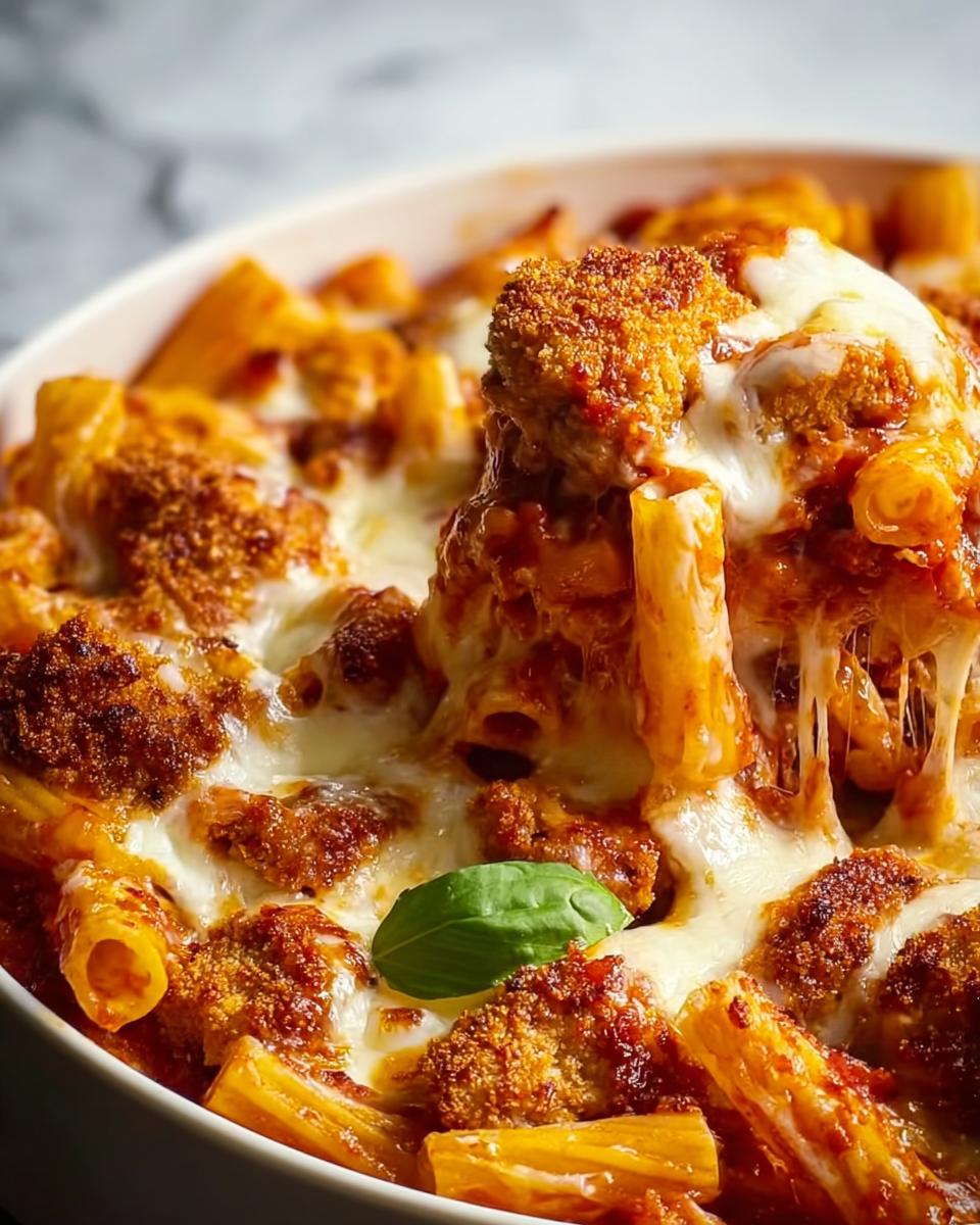 Close-up of a serving spoon lifting a piece of crispy Chicken Parmesan Pasta Bake with melted mozzarella cheese stretching.