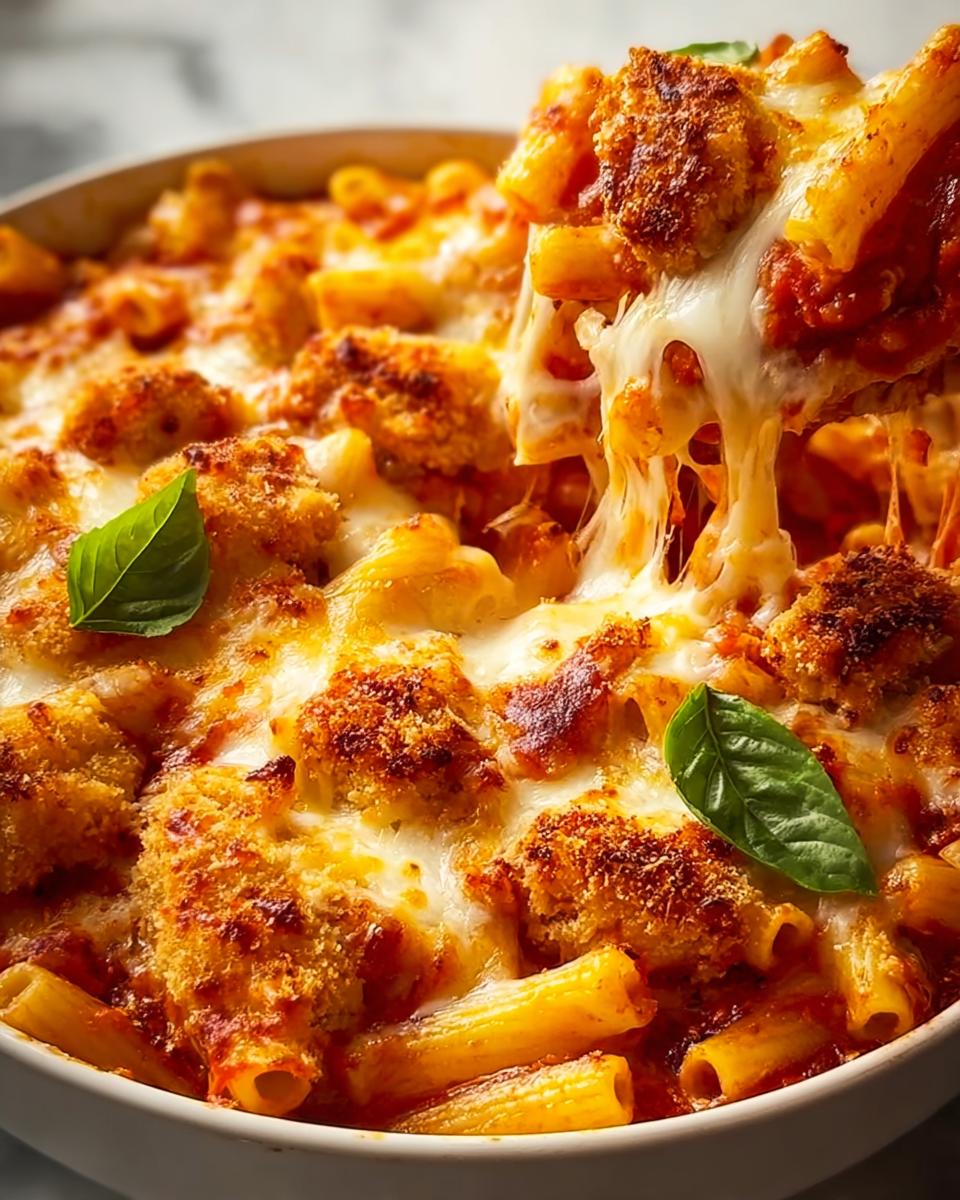 A serving spoon lifts a portion of Chicken Parmesan Pasta Bake with Mozzarella, showing a dramatic cheese pull.