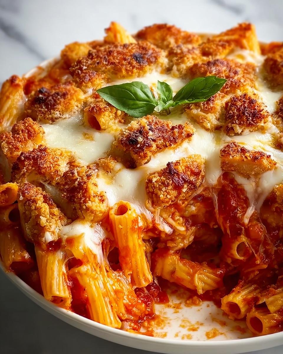 Close-up of a baked pasta dish featuring rigatoni pasta, rich tomato sauce, crispy chicken pieces, and melted mozzarella cheese.