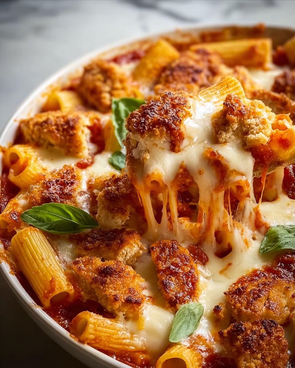 Close-up of Chicken Parmesan Pasta Bake with mozzarella cheese stretching as a spoonful is lifted.