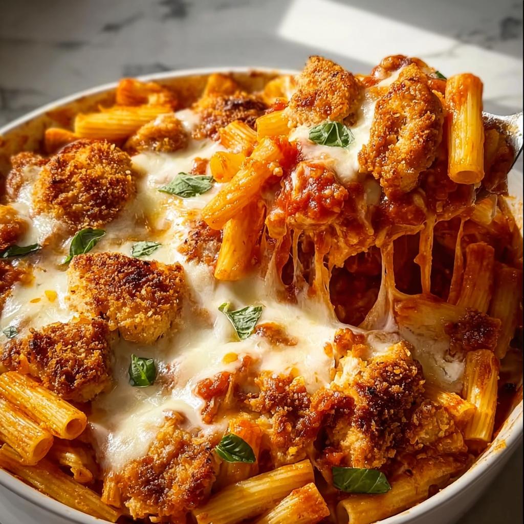 Close-up of Chicken Parmesan Pasta Bake with Mozzarella cheese stretching as a serving is lifted.