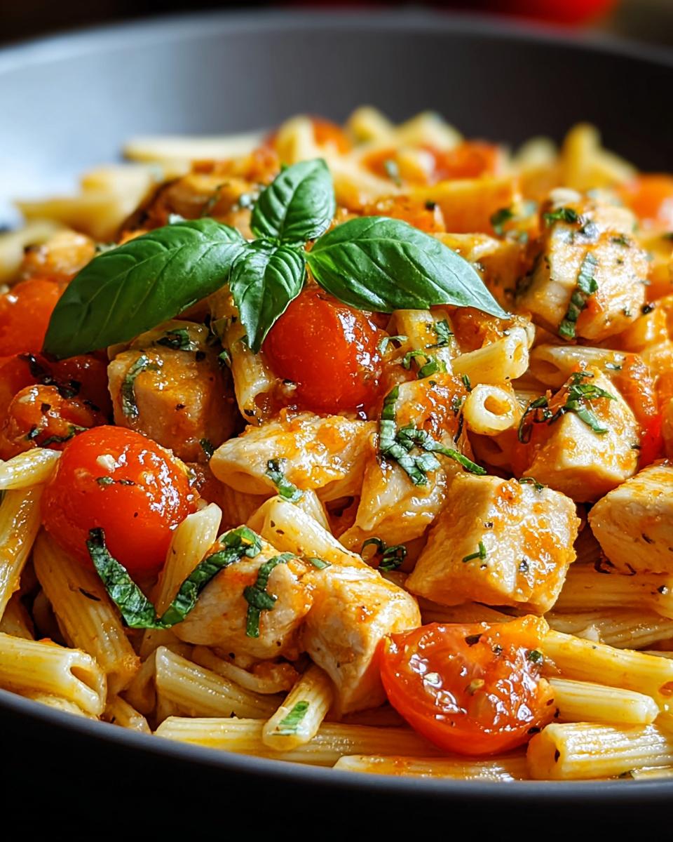 Close-up of penne pasta mixed with chicken pieces, cherry tomatoes, and fresh basil, coated in a rich Tomato Basil Pasta Sauce.