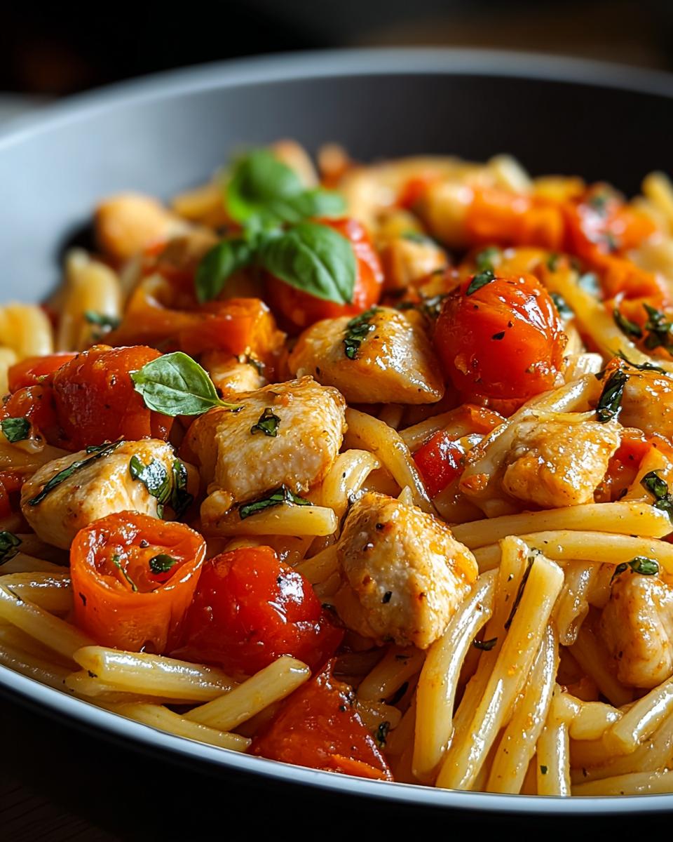 Close-up of pasta tossed with chicken pieces, cherry tomatoes, and fresh basil, coated in a rich Tomato Basil Pasta Sauce.