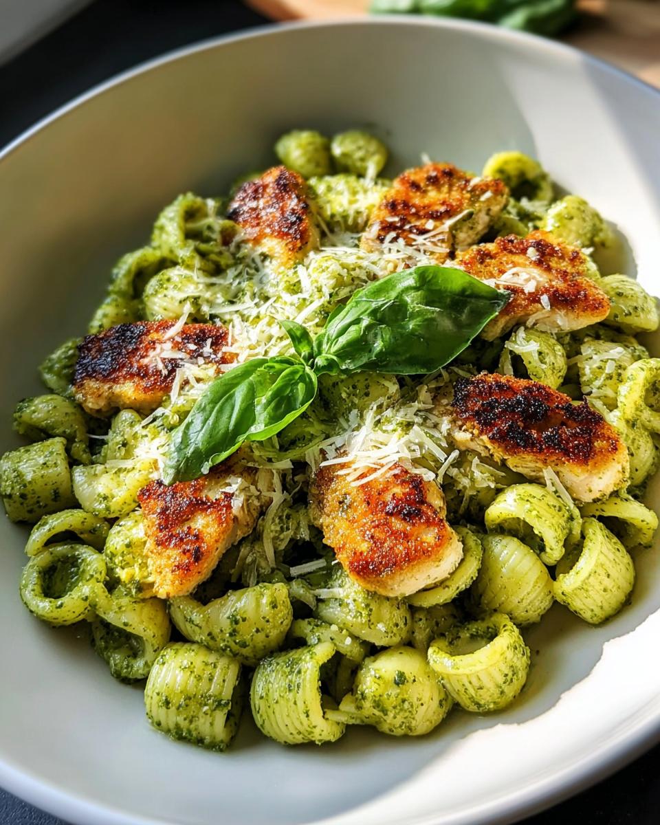 Close-up of Chicken Pesto Pasta with Fresh Basil Flavor, topped with seared chicken pieces and grated cheese.
