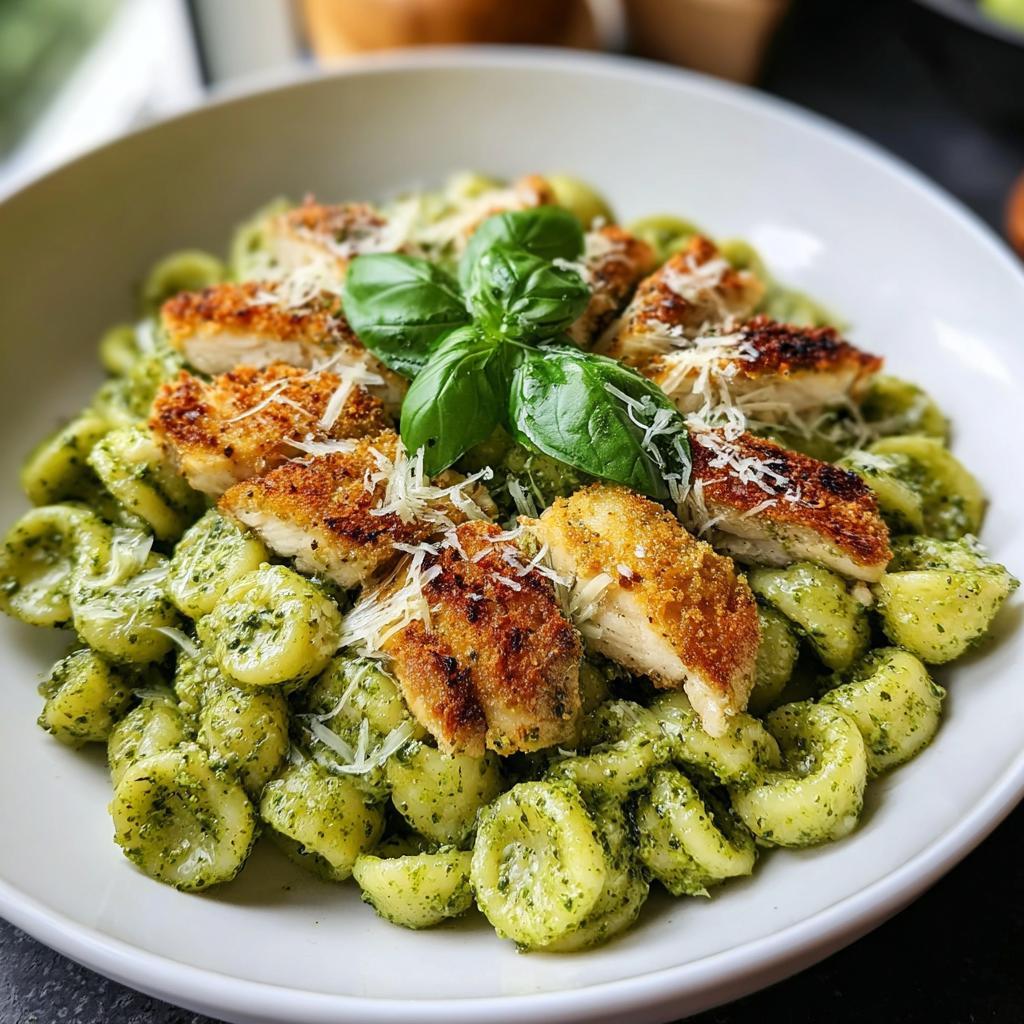 Close-up of Chicken Pesto Pasta with fresh basil flavor, featuring orecchiette pasta coated in green pesto and topped with sliced, crispy chicken.
