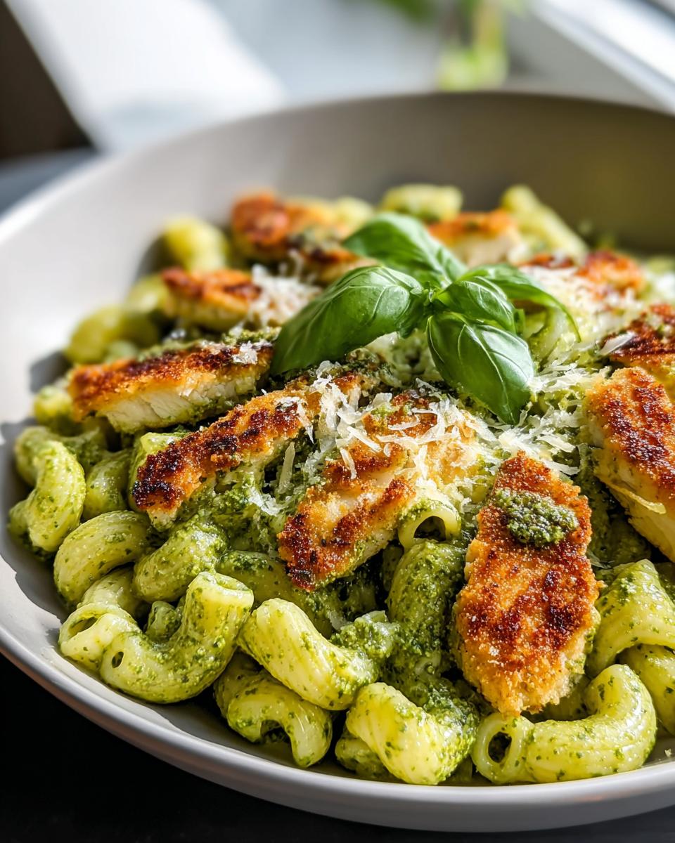 Close-up of Chicken Pesto Pasta with fresh basil flavor, featuring crispy chicken pieces and grated Parmesan.