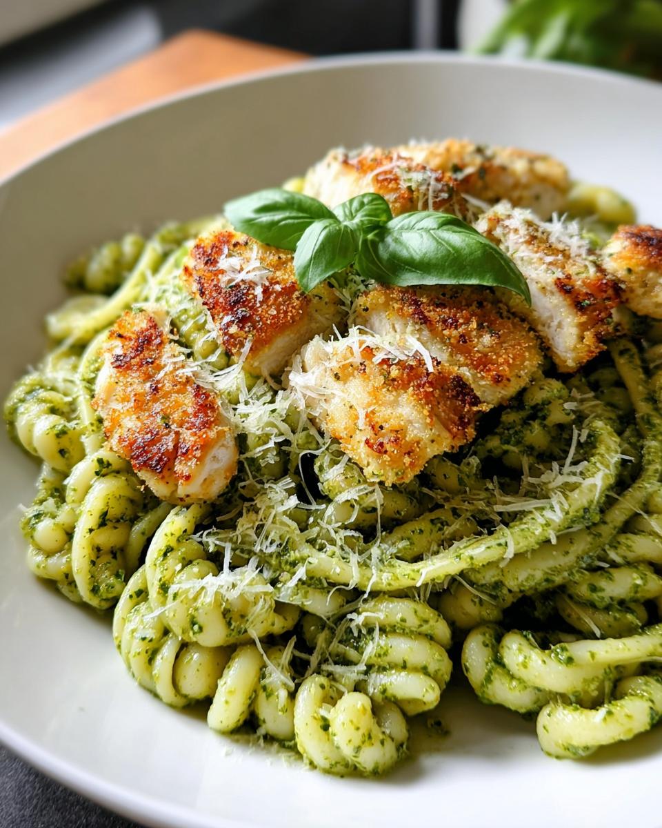 A bowl of Chicken Pesto Pasta featuring crispy chicken pieces, green pesto sauce, and fresh basil garnish.