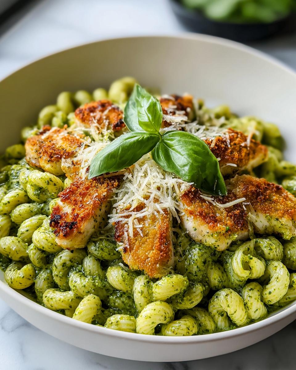 A bowl of Chicken Pesto Pasta with fresh basil flavor, topped with crispy chicken pieces and grated Parmesan.