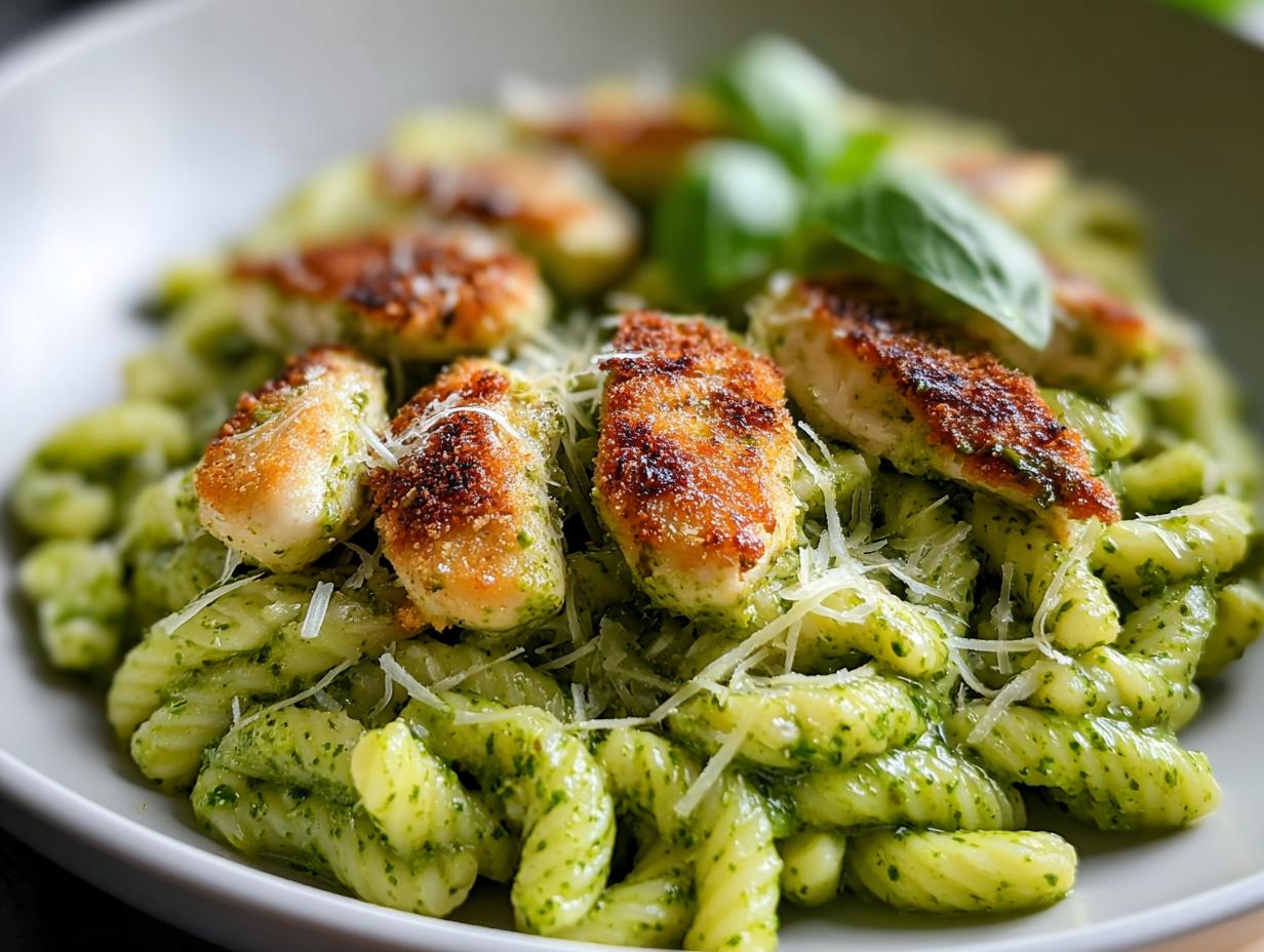 Close-up of Chicken Pesto Pasta with fresh basil flavor, topped with seared chicken pieces and Parmesan.