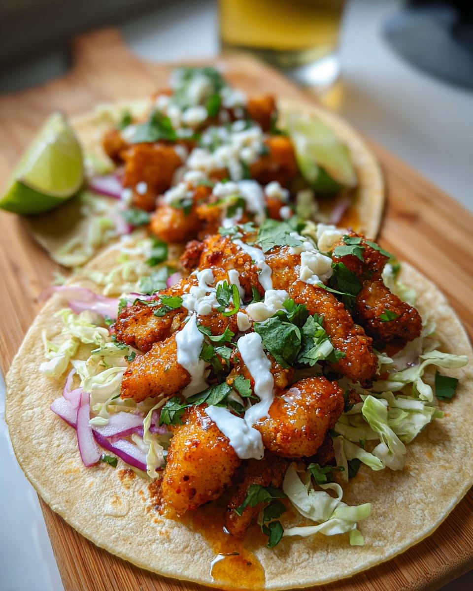 Close-up of a finished taco featuring seasoned Chicken Taco Filling with Fresh Lime, topped with slaw, cheese, and crema.