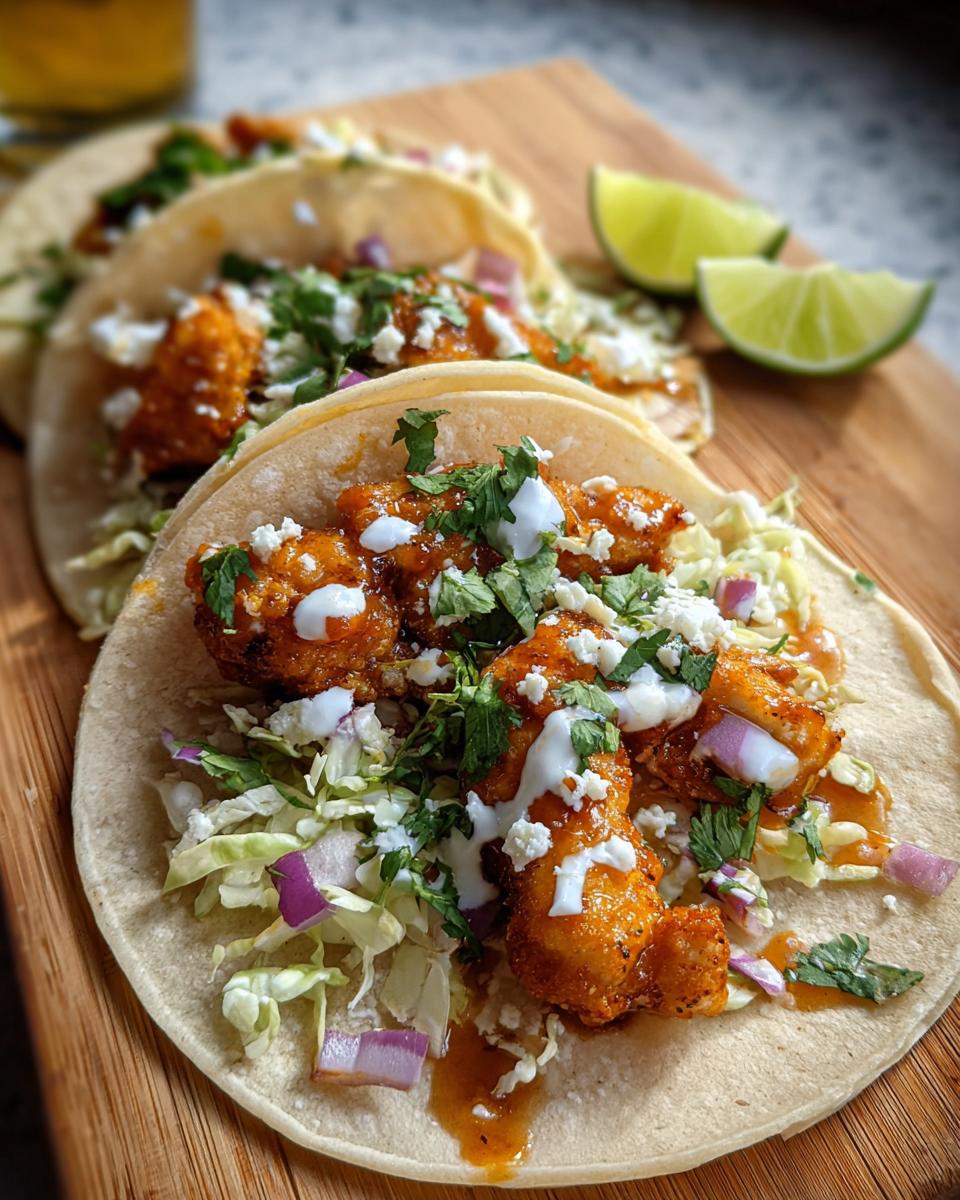 Close-up of three soft tacos filled with seasoned Chicken Taco Filling with Fresh Lime, cabbage slaw, cheese, and crema.