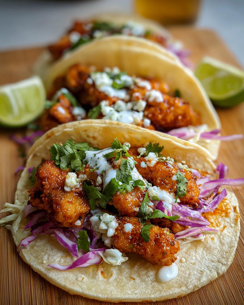 Close-up of delicious Chicken Taco Filling with Fresh Lime, topped with slaw, cilantro, and crema.