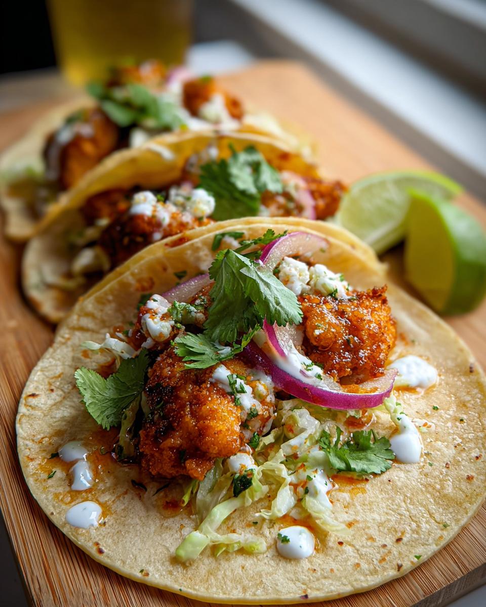 Close-up of fully assembled tacos featuring Chicken Taco Filling with Fresh Lime, topped with slaw, cheese, and crema.