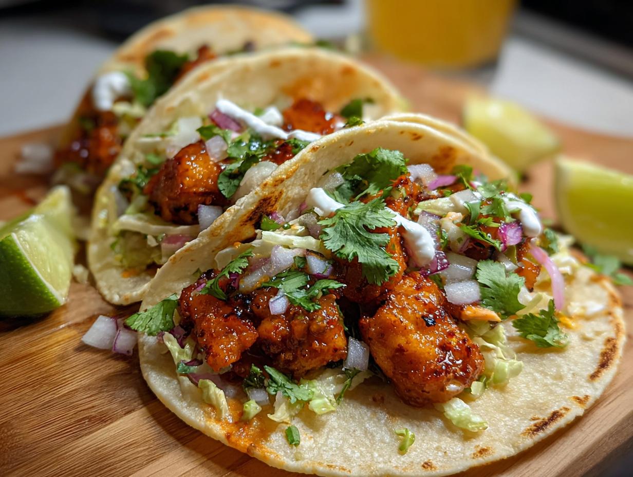 Close-up of three soft tacos filled with saucy Chicken Taco Filling with Fresh Lime, topped with slaw and cilantro.