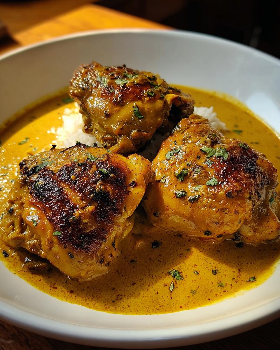 Three perfectly seared Chicken Thighs in Coconut Curry Sauce served over white rice in a white bowl.