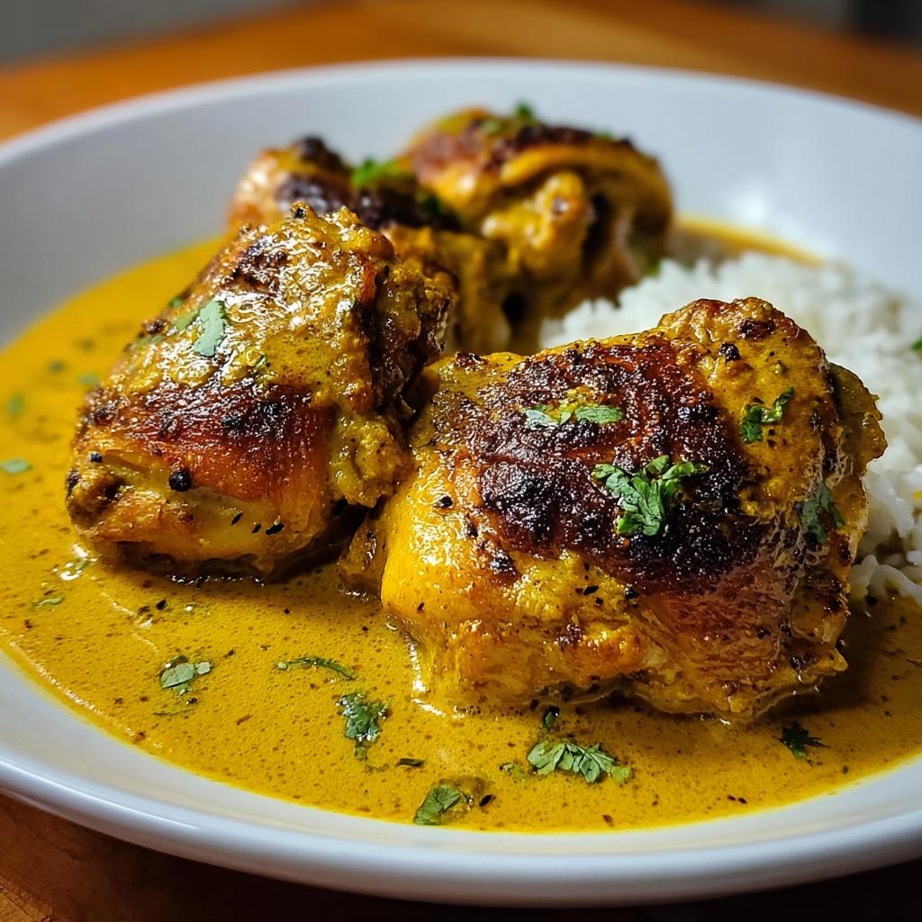 Close-up of seared Chicken Thighs in Coconut Curry Sauce served over white rice.