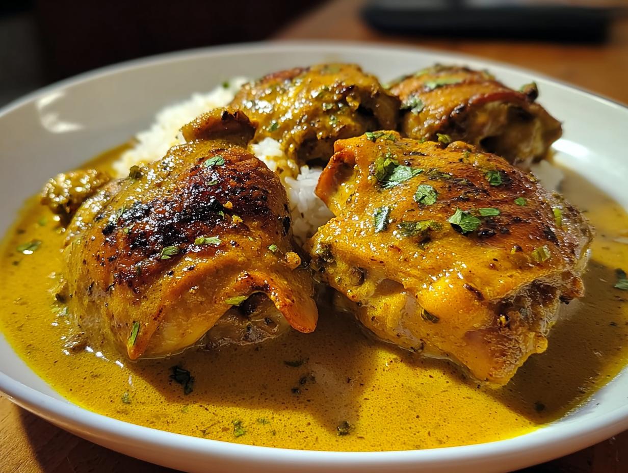 Three seared Chicken Thighs in Coconut Curry Sauce served over white rice in a white bowl.