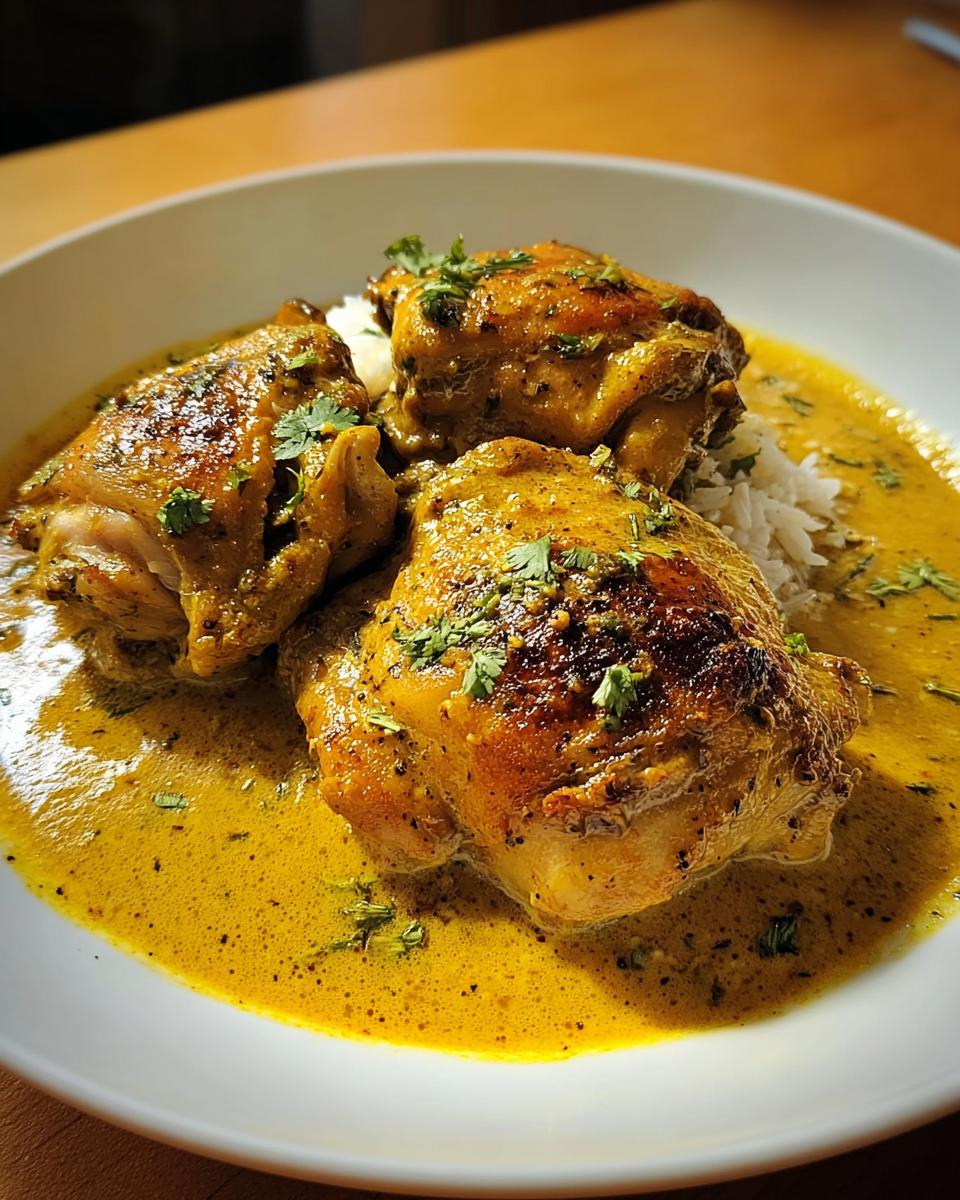 Three seared Chicken Thighs in Coconut Curry Sauce served over white rice and garnished with cilantro.