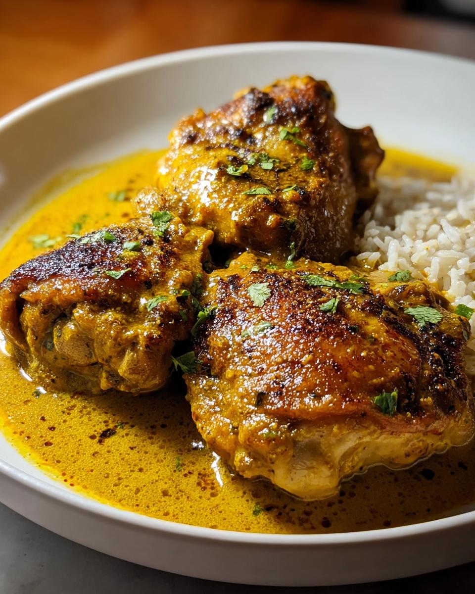 Three seared Chicken Thighs in Coconut Curry Sauce served next to white rice in a white bowl.