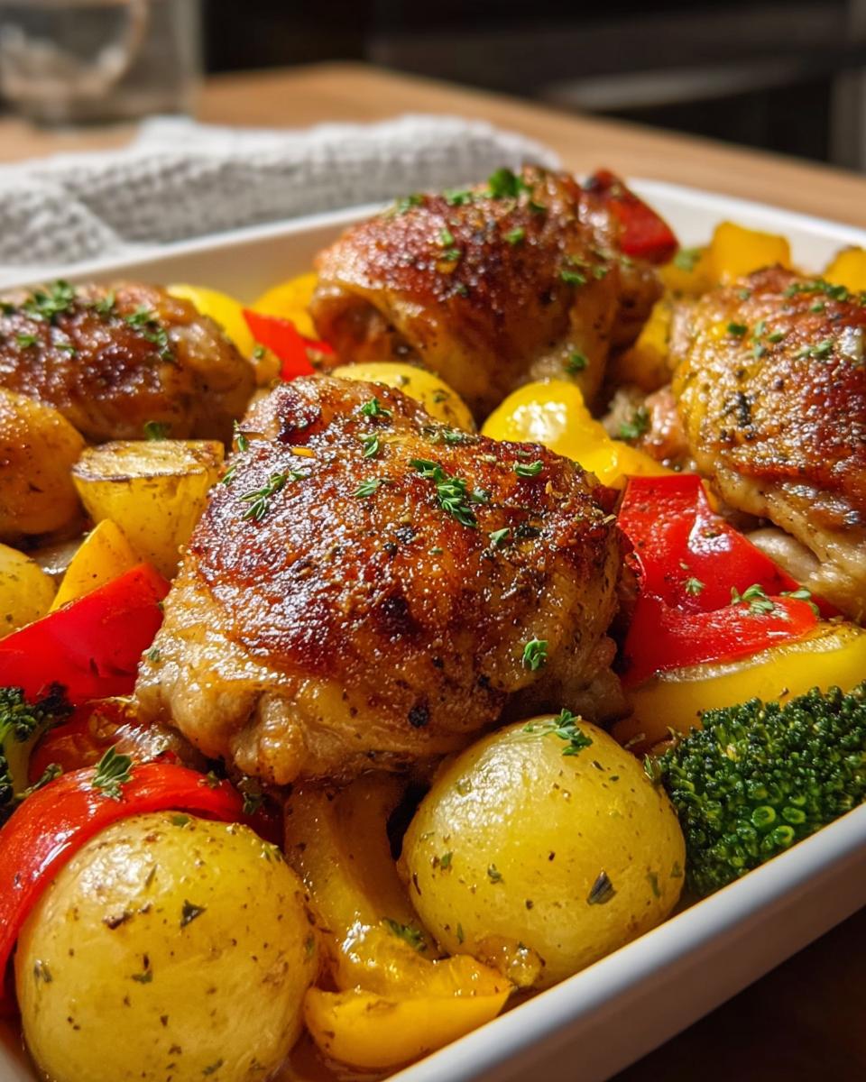 Close-up of crispy, golden Chicken Thighs with Potatoes and Herbs, roasted with bell peppers and broccoli.