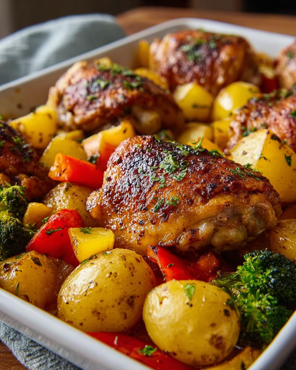 Close-up of baked Chicken Thighs with Potatoes and Herbs, featuring crispy skin and roasted vegetables.
