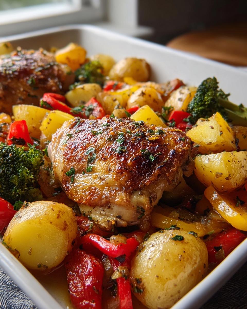 Close-up of crispy Chicken Thighs with Potatoes and Herbs, roasted with peppers and broccoli in a white baking dish.