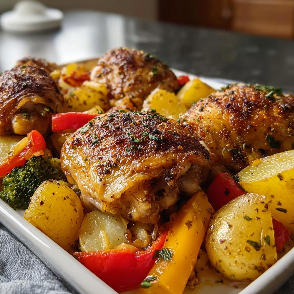 A close-up of roasted Chicken Thighs with Potatoes and Herbs, featuring crispy skin and colorful roasted vegetables.