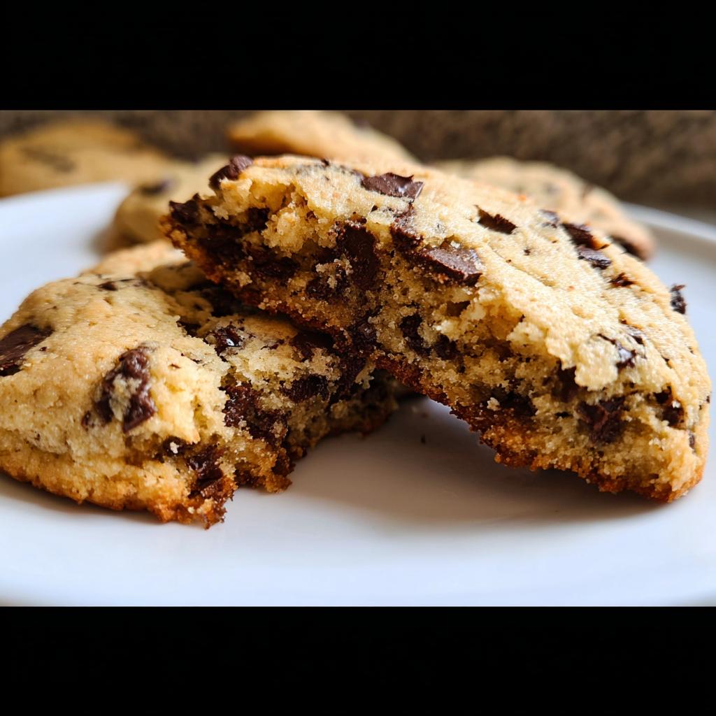 A close-up of a Chocolate Chip Cheesecake Cookie broken in half, showing the soft, dense interior and melted chocolate chips.