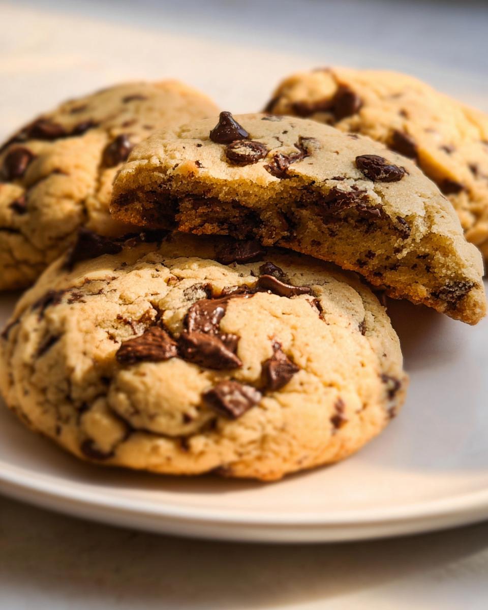 Close-up of Chocolate Chip Cheesecake Cookies, one broken open showing a gooey, melted chocolate center.
