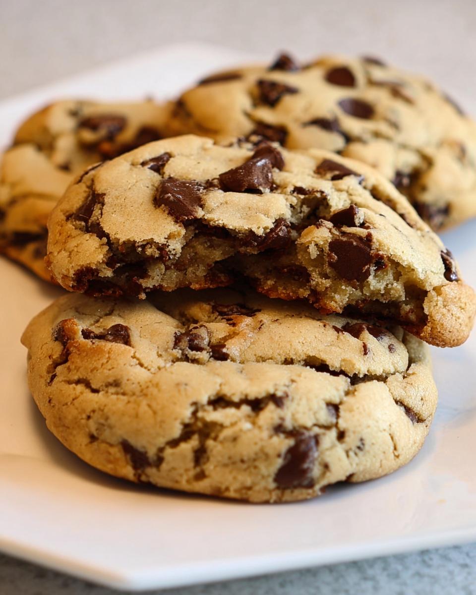 Close-up of soft Chocolate Chip Cheesecake Cookies, with one cookie broken in half showing the gooey center.