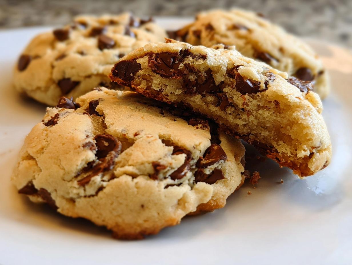 Close-up of soft Chocolate Chip Cheesecake Cookies, one cookie broken in half showing the gooey interior.