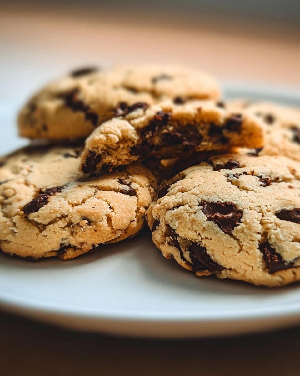 A stack of freshly baked Chocolate Chip Cheesecake Cookies on a white plate, one cookie broken open to show the gooey center.
