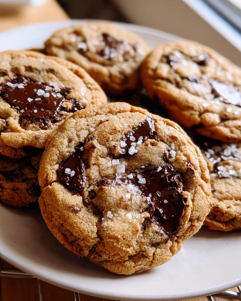 Close-up of freshly baked Chocolate Chip Cookies with Sea Salt Finish, featuring melted chocolate pools.