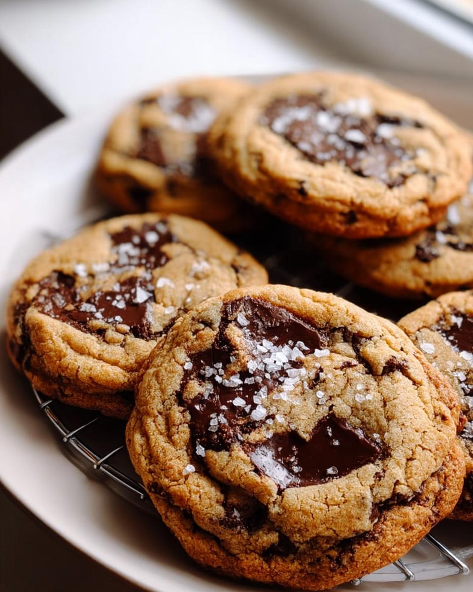 Close-up of freshly baked Chocolate Chip Cookies with Sea Salt Finish cooling on a wire rack.
