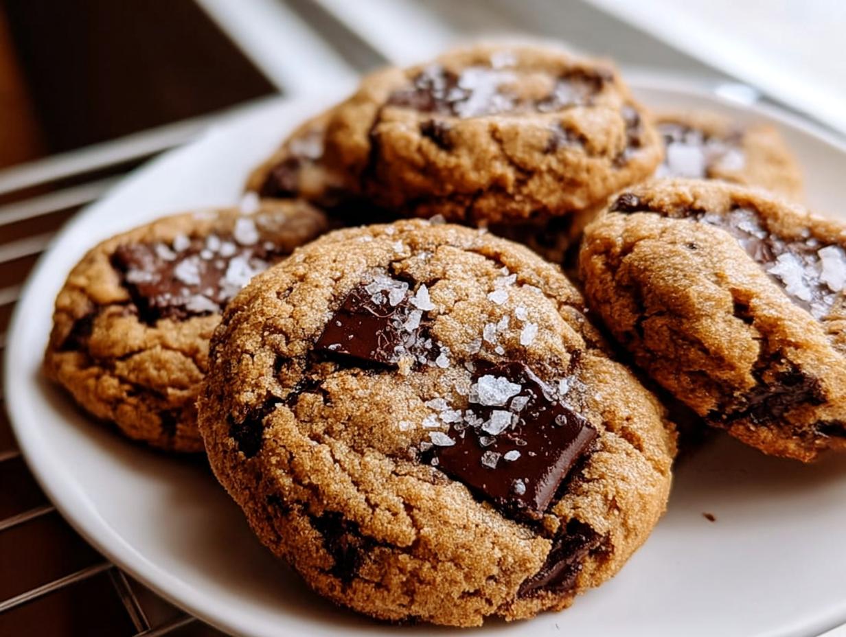 Close-up of freshly baked Chocolate Chip Cookies with Sea Salt Finish piled on a white plate.