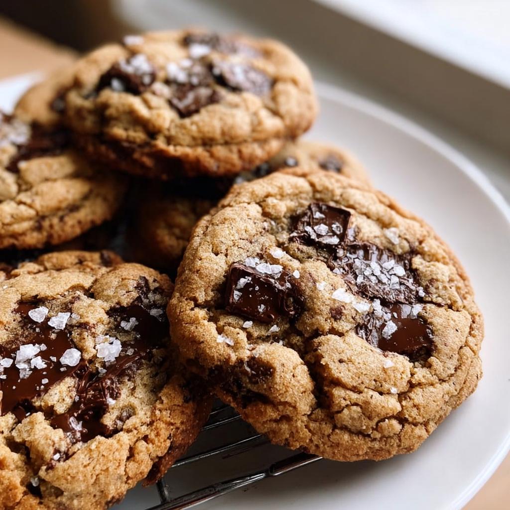 Close-up of gooey Chocolate Chip Cookies with Sea Salt Finish, featuring melted chocolate chunks.